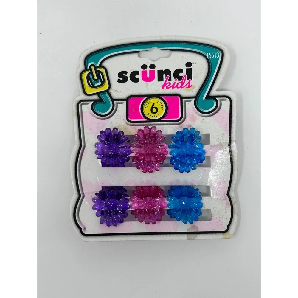 Vintage 1999 Scunci Kids Flower Hair Clips‎ 6pc Glitter Daisy Purple Pink NOS